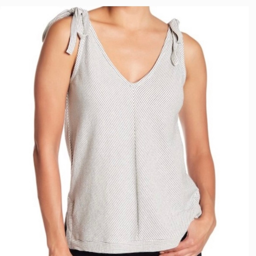 White and Navy Striped Cotton V-Neck Tank Top with Bow Tie Attached at Straps